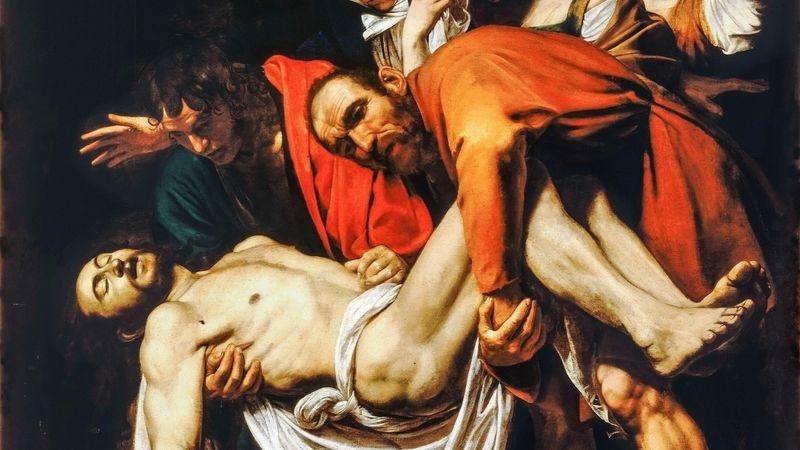 Scène religieuse au clair-obscur, avec un homme soutenu par plusieurs personnages